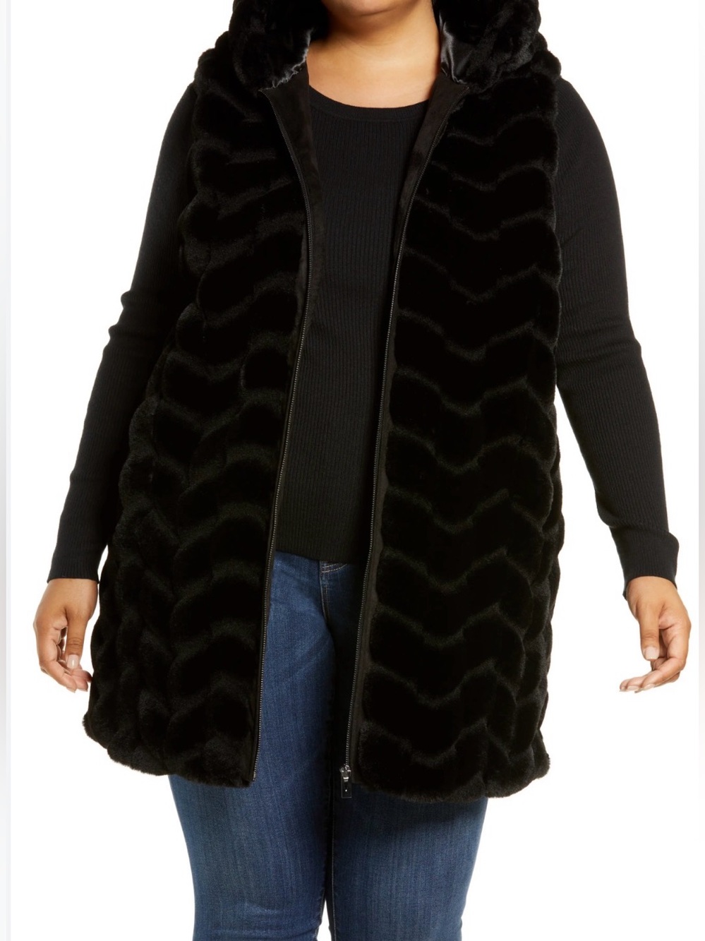 Via Spiga Chevron Faux Fur Hooded Vest Black 2X EUC